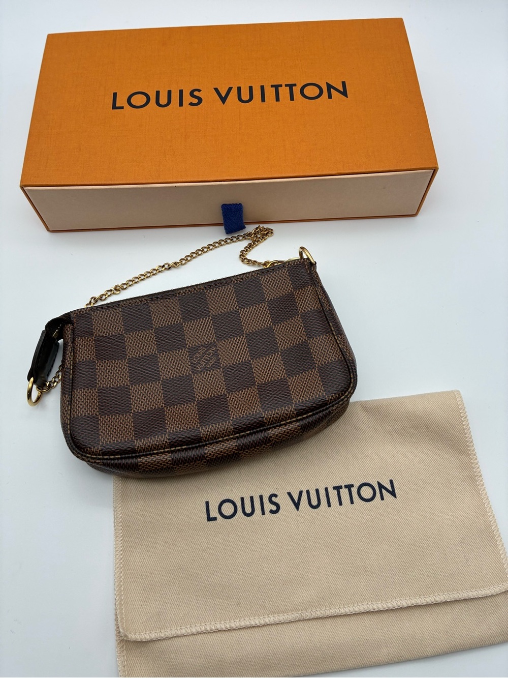 Louis Vuitton Damier Ebene Mini Pochette with COA, box & dustbag